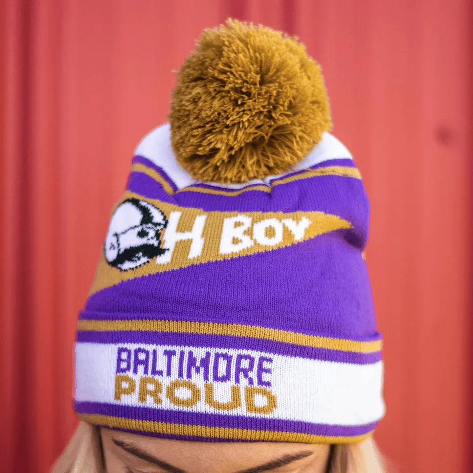 Baltimore Proud "Oh Boy" Boh Pennant (Purple w/ Gold Pom) / Knit Beanie Cap