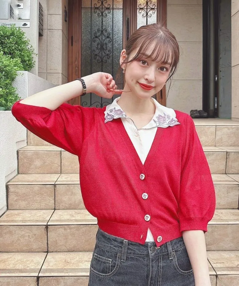 Campanula Print Button Sheer Knit Cardigan / an another angelus [50BJ04h011].
