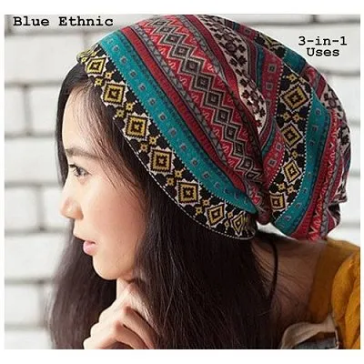 Dreadz 3-in-1 Multi-Function Tubular Beanie/Headwrap/Neckwarmer (Blue Ethnic)