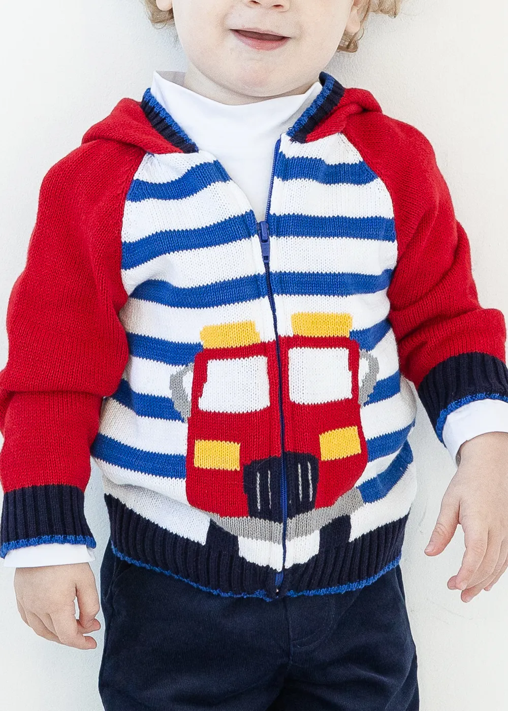 Hooded Zip Front Sweater With Fire Truck