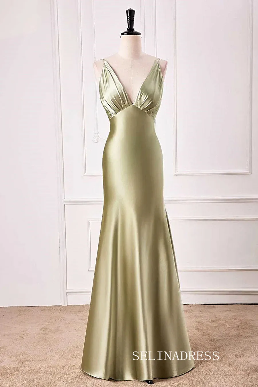 Mermaid V neck Dusty Sage Satin Long Prom Dress lps028