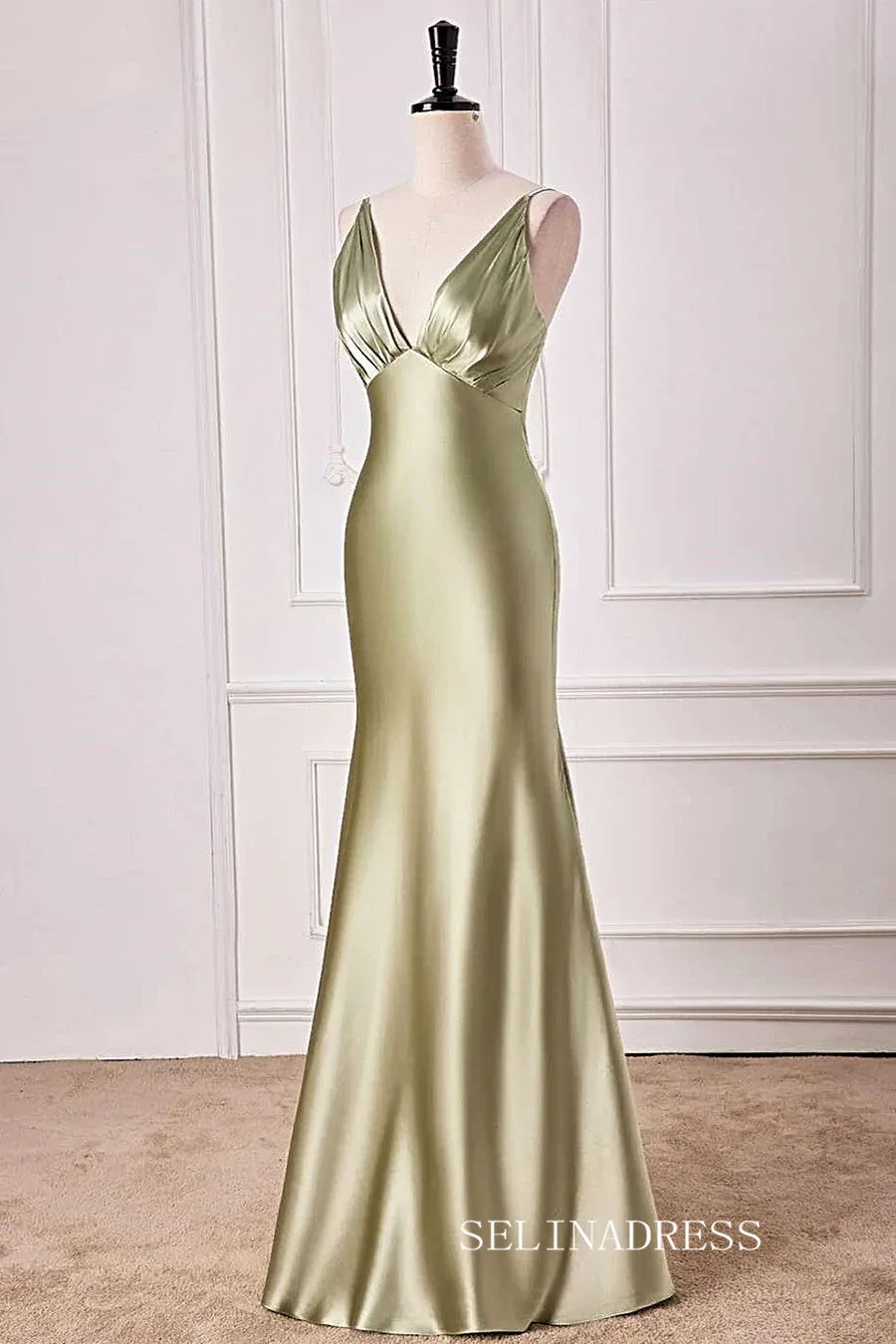 Mermaid V neck Dusty Sage Satin Long Prom Dress lps028
