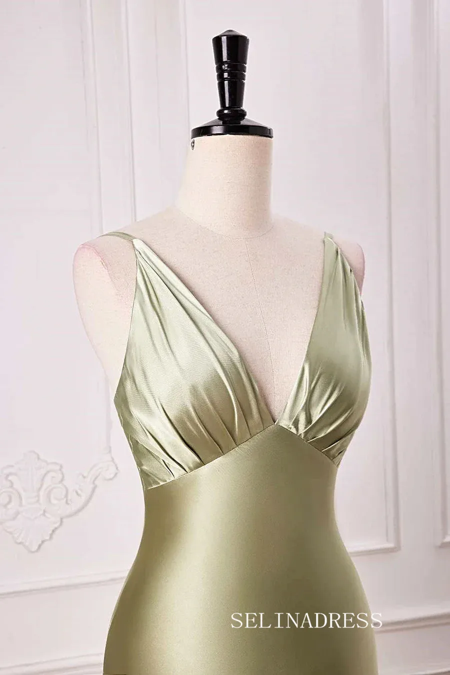 Mermaid V neck Dusty Sage Satin Long Prom Dress lps028