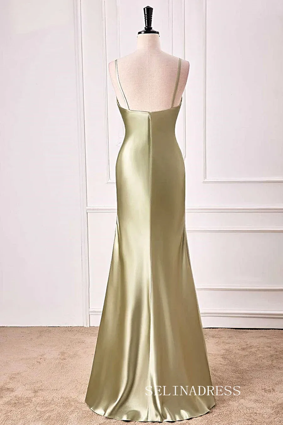 Mermaid V neck Dusty Sage Satin Long Prom Dress lps028