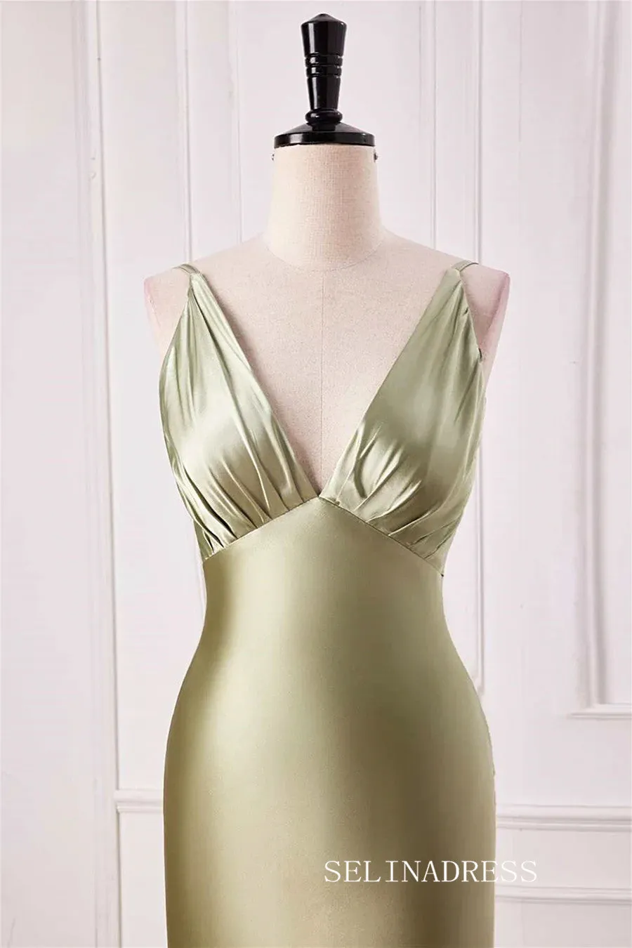 Mermaid V neck Dusty Sage Satin Long Prom Dress lps028