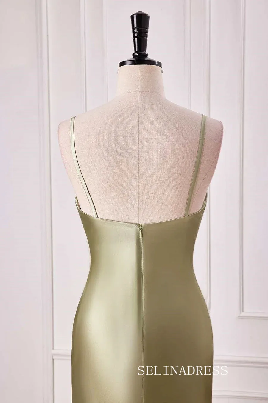 Mermaid V neck Dusty Sage Satin Long Prom Dress lps028