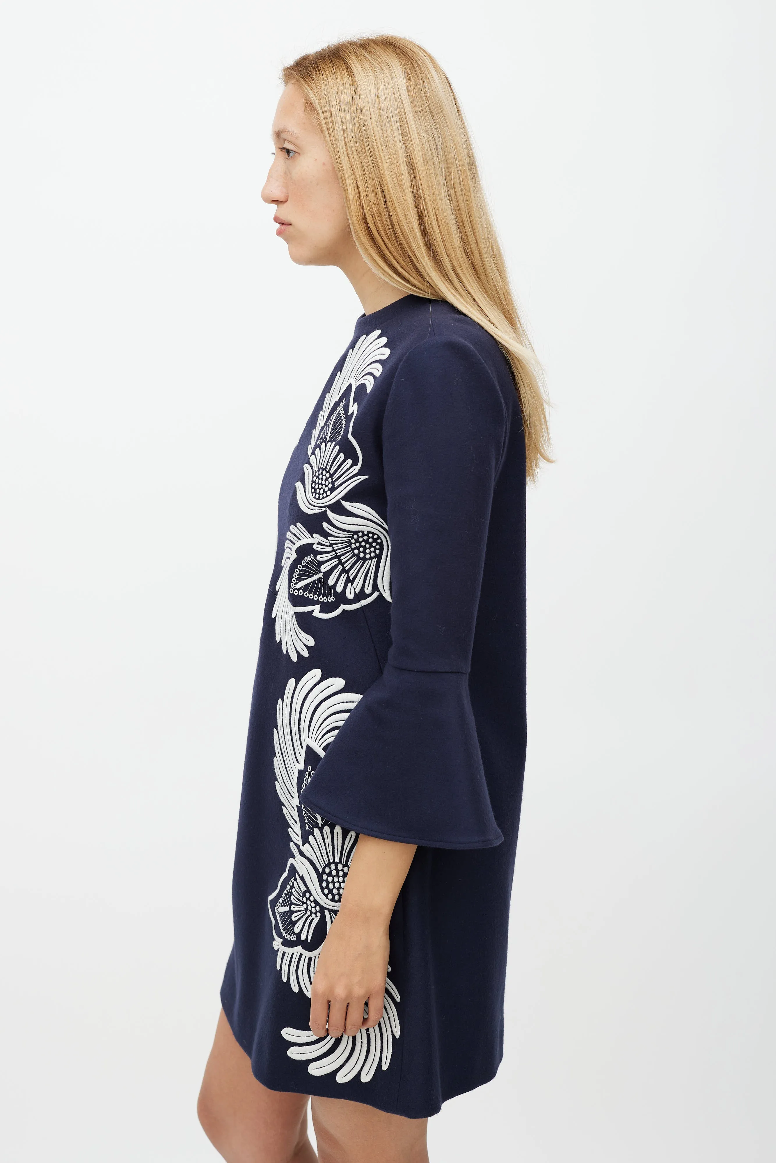 Navy & White Wool Floral Embroidered Dress