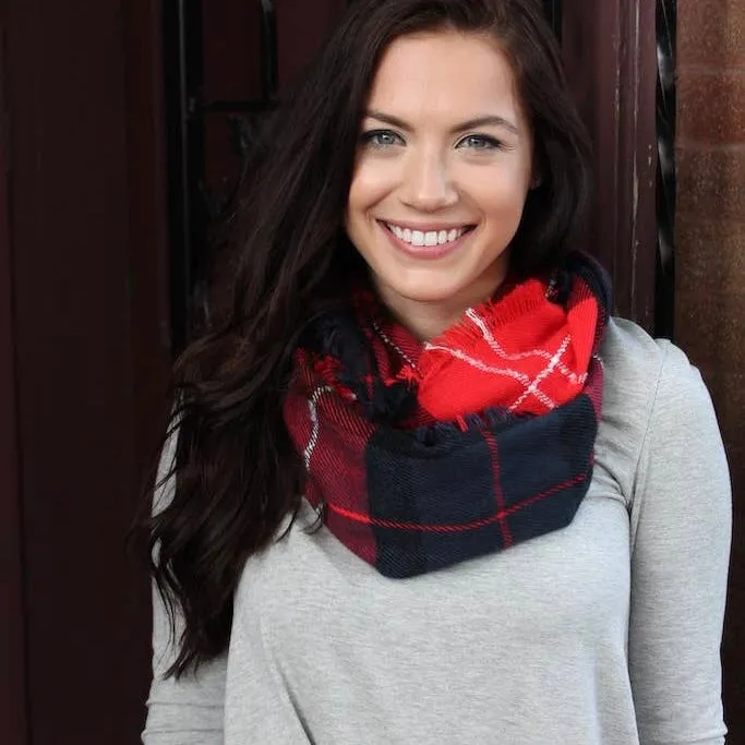Red, Navy and Black Plaid Infinity Scarf