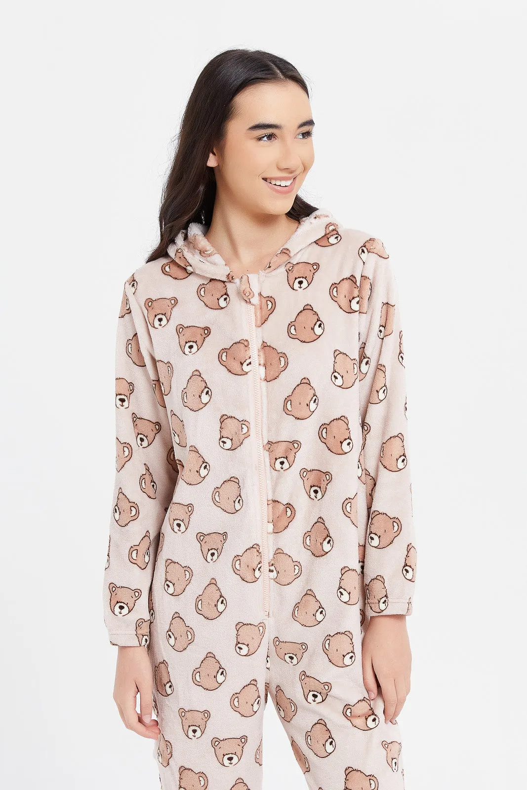 Senior Girls Brown Teddy Bear Print Onesie