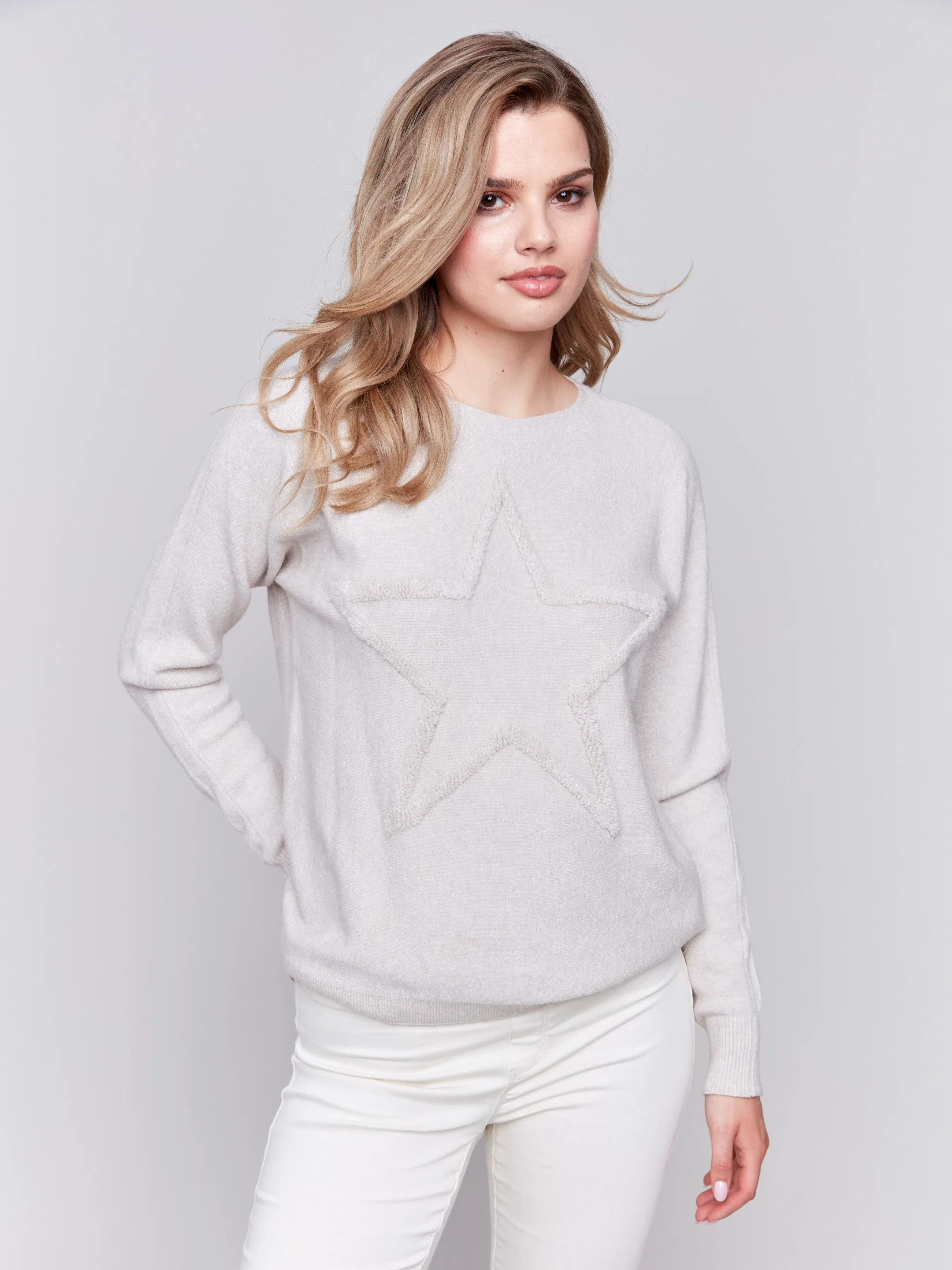 Sweater With Fringed Embroidery - Almond - H-Almond