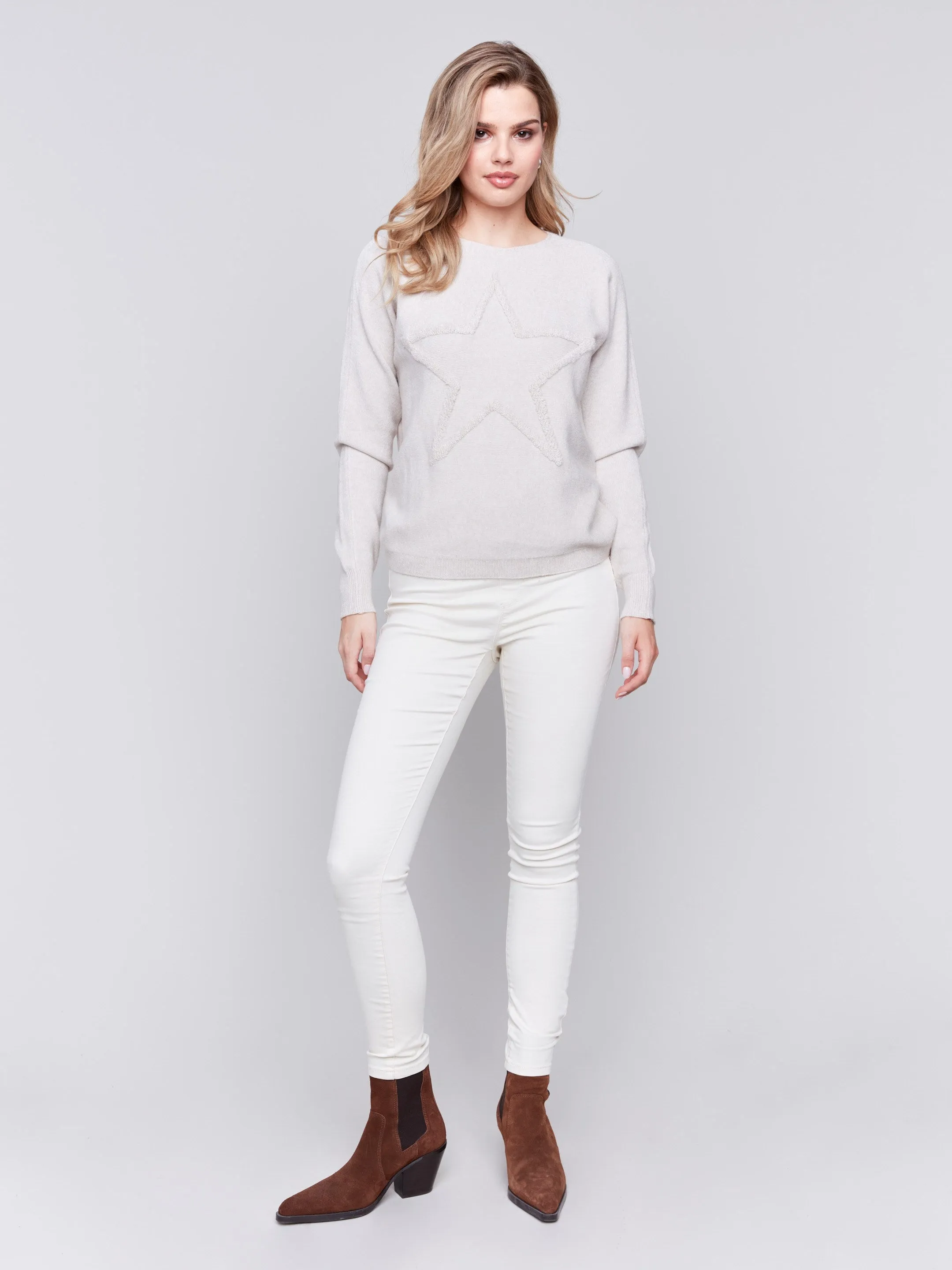 Sweater With Fringed Embroidery - Almond - H-Almond