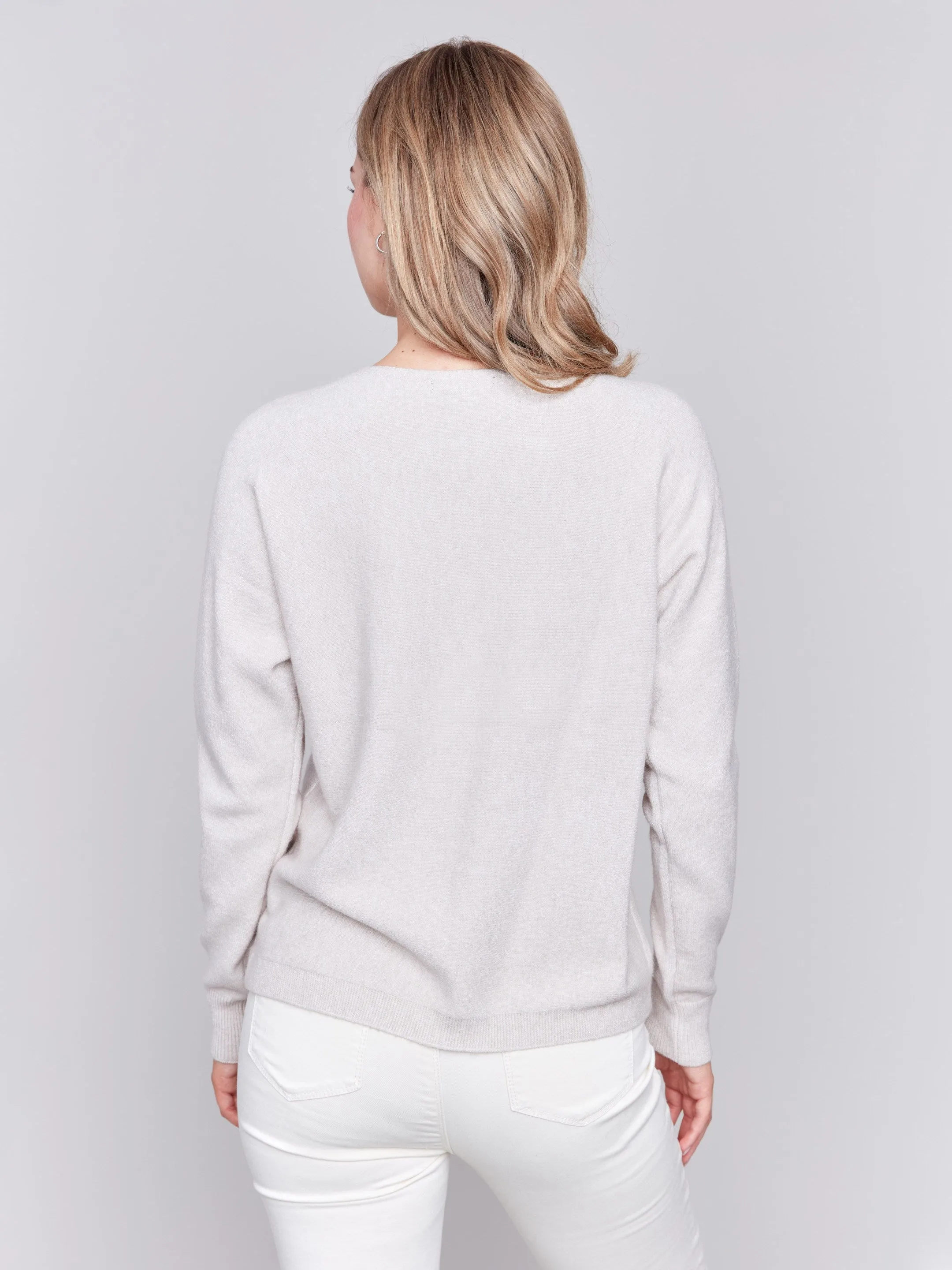 Sweater With Fringed Embroidery - Almond - H-Almond