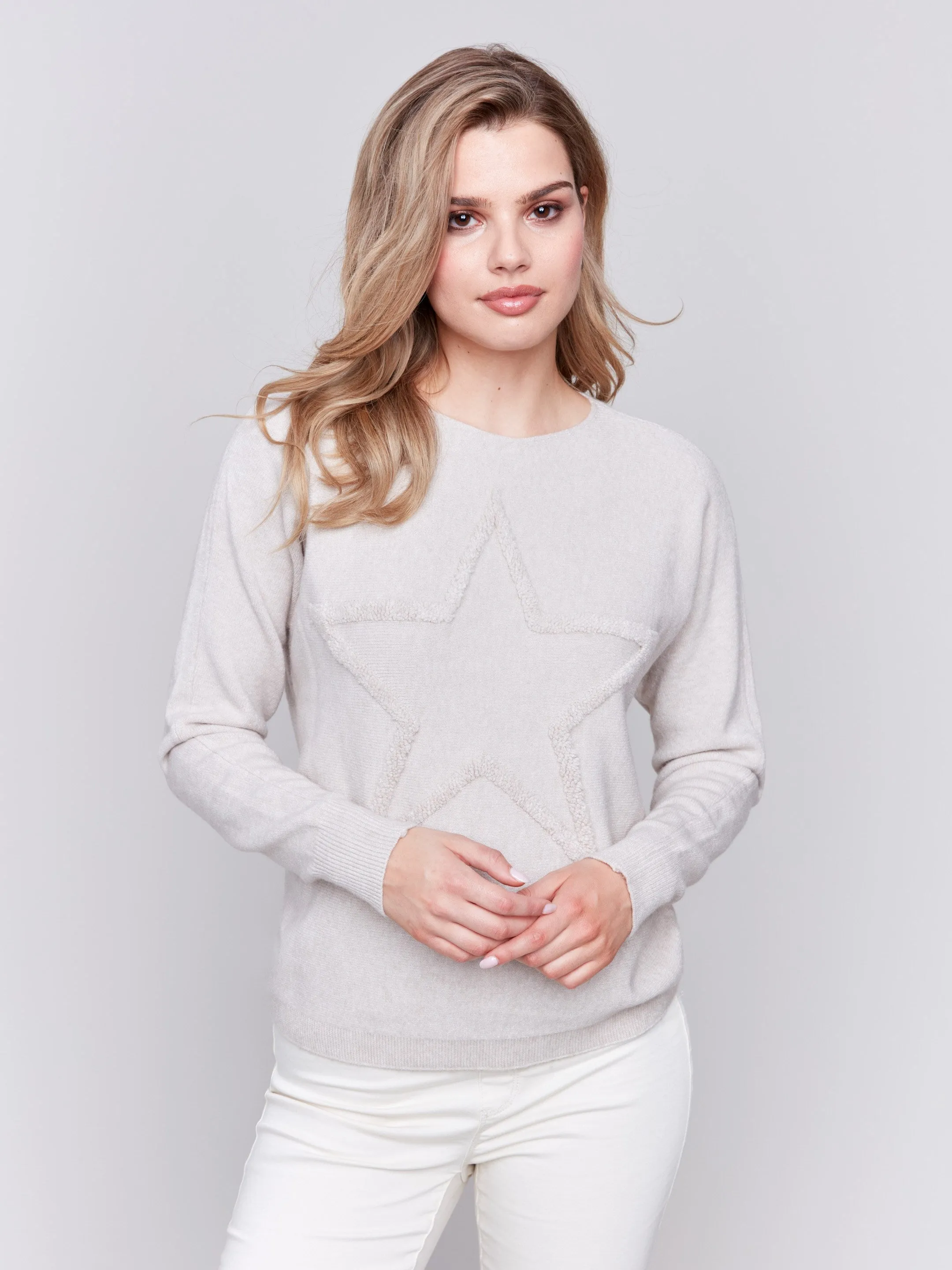 Sweater With Fringed Embroidery - Almond - H-Almond