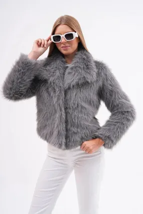 Wide Collar Faux Fur Jacket – Gray
